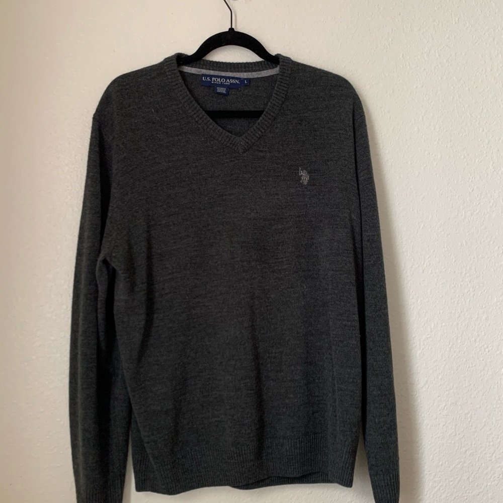 gray polo v neck sweater